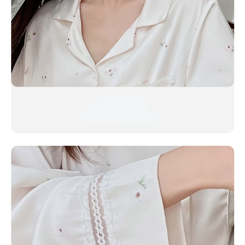 Spring and Summer Pajamas WomenJasmine Garden Lace Long-sleeved Trousers Loose Home Service Suit Breathable and Comfortable Suit