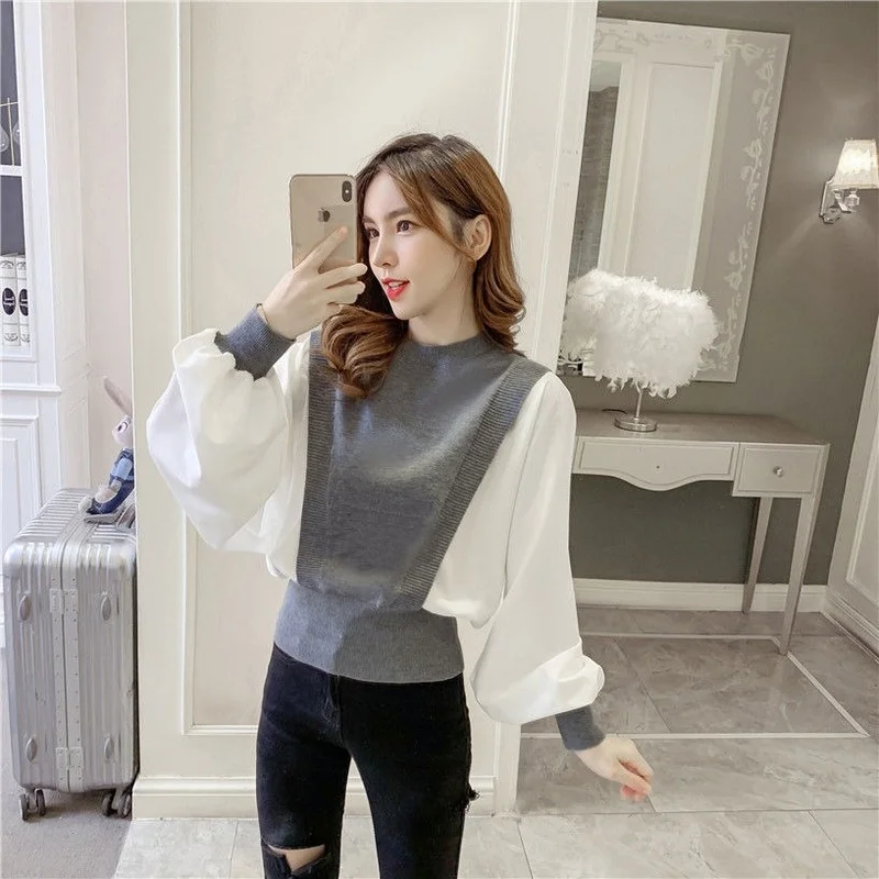 

Spring Autumn Fake 2 Pieces Pullover Sweater Women Casual O Neck Shirt Patchwork Long Sleeve Knitted Jumper Lady Clothing E51