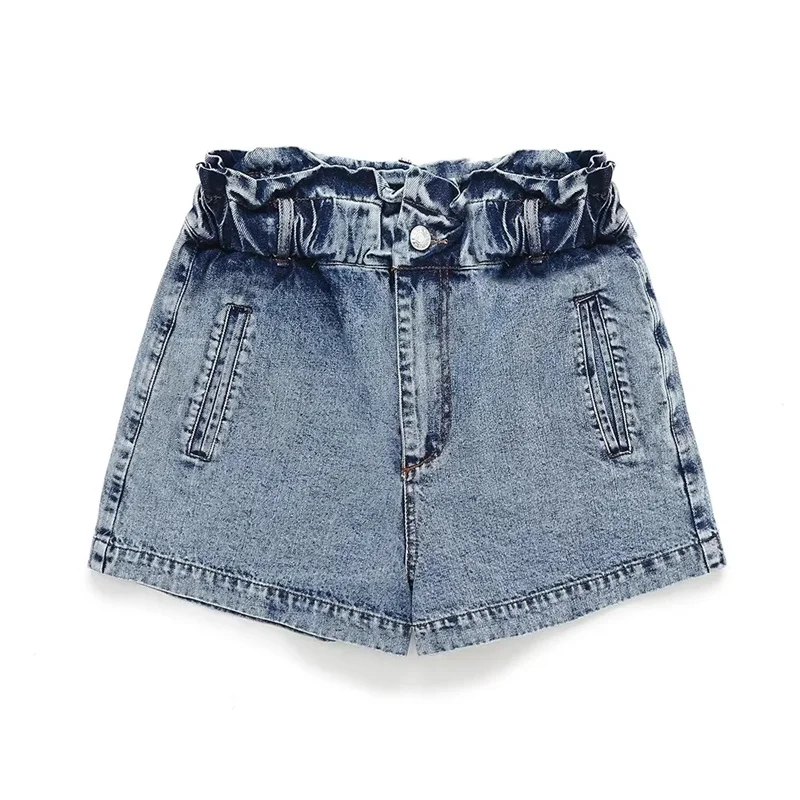 

TRAF Women High Waist Denim Shorts Elasticated Waistband Pleats Front Button Decoration Side Pocket Detail Casual New Shorts