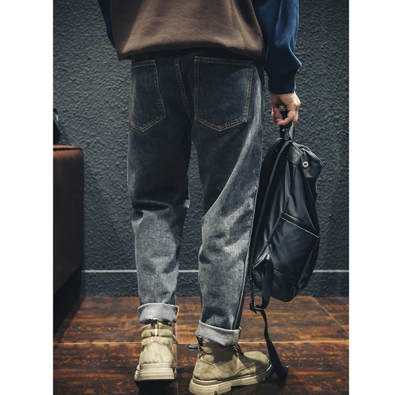 Men Clothing Autumn and Winter New Straight Loose Cylinder Jeans Vintage Splicing Comfortable Black Grey Harun Trousers Female