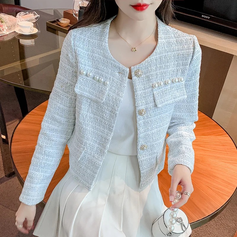 

Runway Fall High Quality Slim Women's Luxury Brand Long Sleeve Elgeant Beading Tweed Chic Jackets Mujer Outwear Casaco