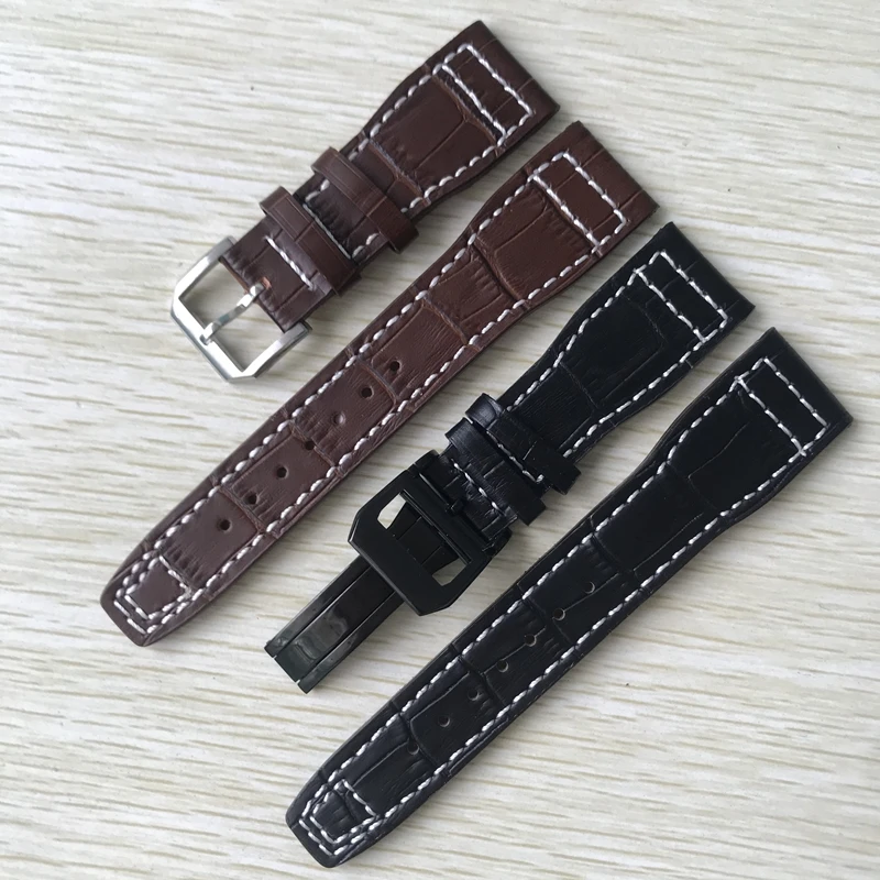 

22mm Brown Black With White stitches Genuine leather Watchband Replace For IWC Big Pilot Deployant Clasp Watch Strap Bracelet