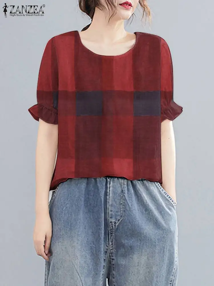 

Women Casual Short Sleeve Blouse 2022 Summer Vintage Plaid Check Tops ZANZEA Baggy O Neck Camisas Office Oversized Shirts Tunic