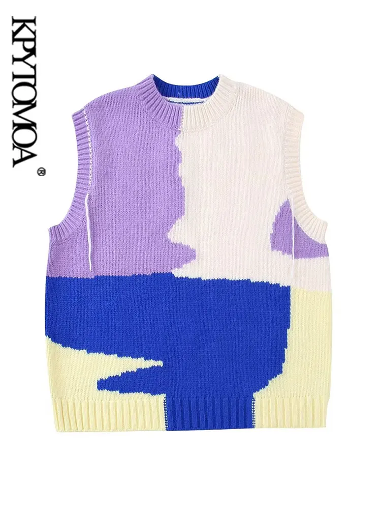 

KPYTOMOA женский модный свободный Трикотажный жилет с контрастным принтом, винтажный женский жилет с круглым вырезом без рукавов, шикарные топ...