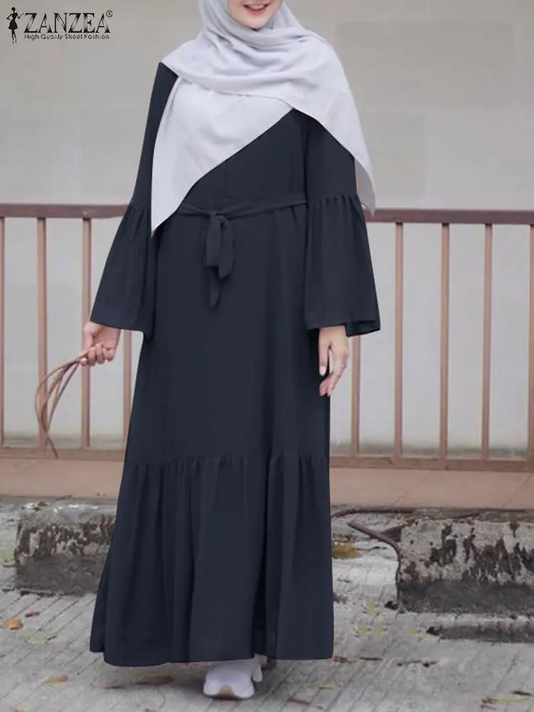 

Women Autumn Sundress ZANZEA Stylish Solid Muslim Dress Casual Marocain Turkish Ruffle Vestidos Female Flare Sleeve Robe Femme