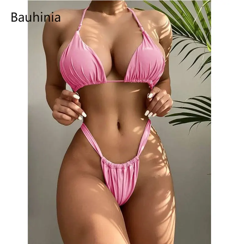 

Bauhinia Sexy Micro Bikinis New Solid Halter Brazilian Swimsuit Women Triangle Pleated Swimwear Beach Bathing Suit