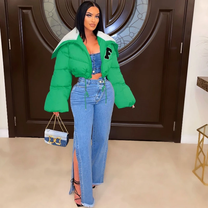 2022 Casual Solid Letter Embroidery Parkas Long Sleeve Zipper Cropped Puffer Jackets For Women Winter Drewstring Warm Thick Coat