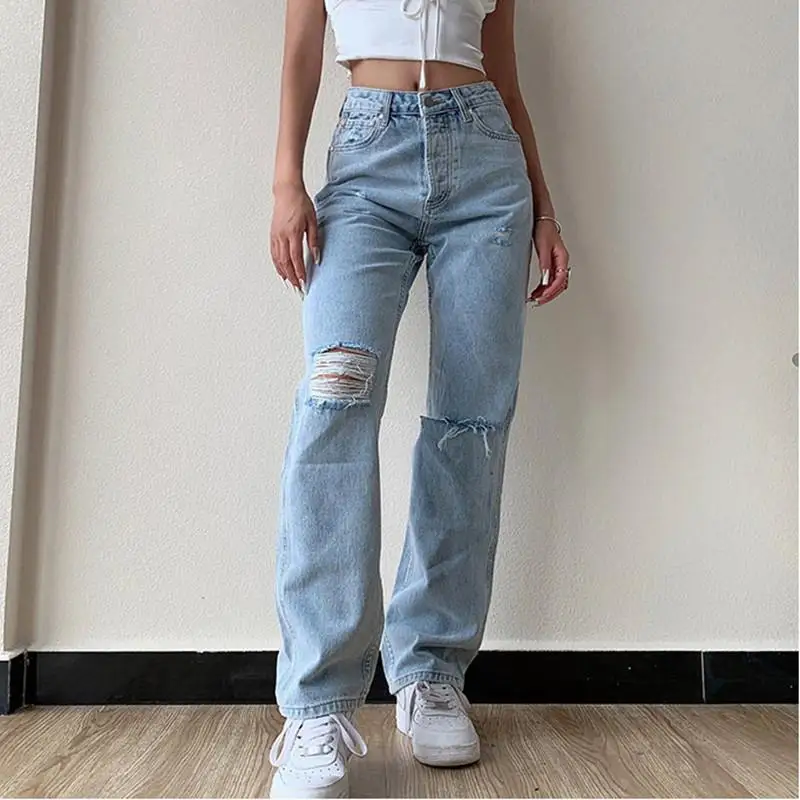 Dark Blue Female Mid Waist Mom Ripped Jeans 2021 New Women Jeans Y2K Casual Straight Trousers Washed Bleached Hole Denim Pants