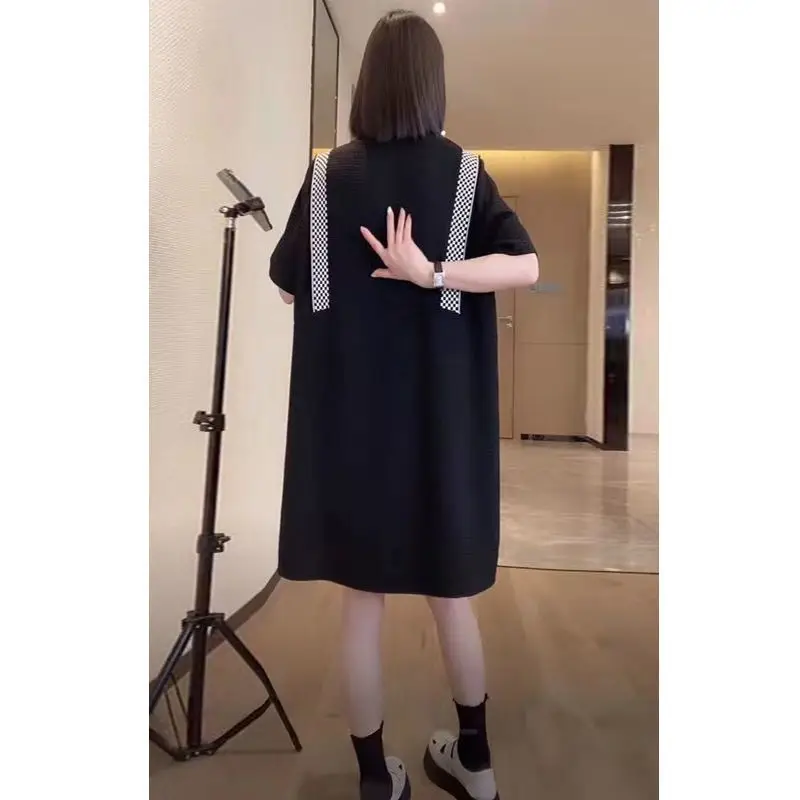 Black White Versatile O-Neck Splicing Chessboard Grid Loose Half Sleeve Mid Dress Summer Women Plus Size Casual Straight Dresses