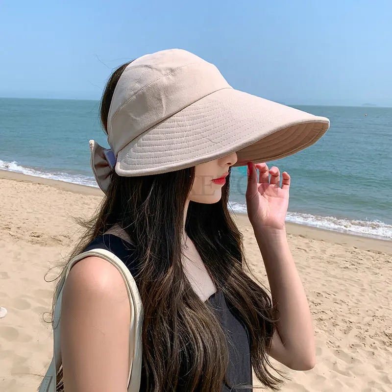 

New Women Bucket Solid Color Soft Cotton Wide Brim Outdoor Foldable Sun Hats Beach Big Bows Panama Caps Ladies