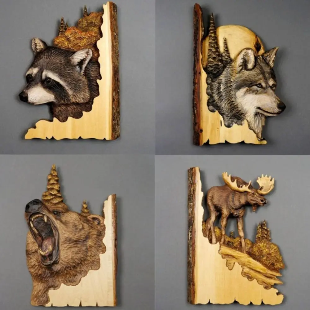 

Wooden Carving Handcraft Home Decoration Accessories Wood Raccoon Bear Deer Hand Painted Animal Wall Hanging Sculpture For Home