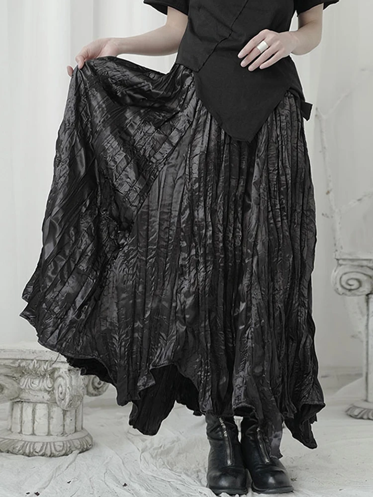 [EAM] черная плиссированная Асимметричная длинная юбка с высокой эластичной