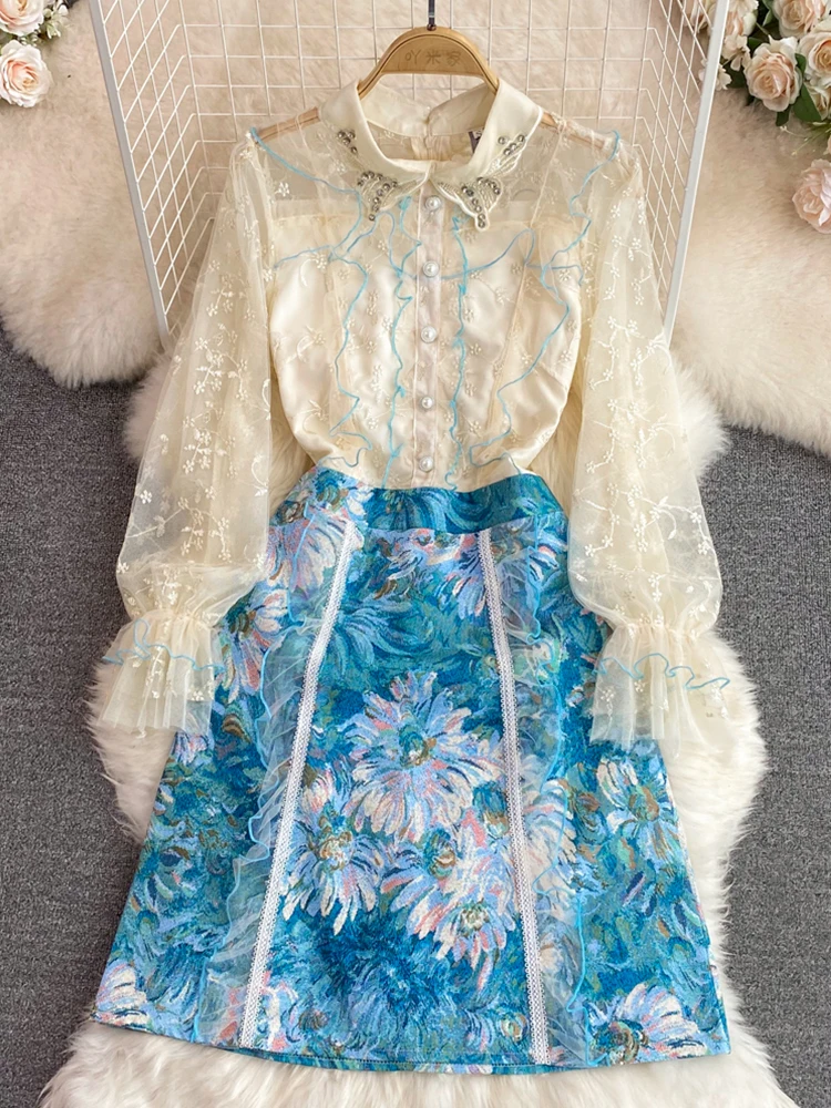 FTLZZ Spring Summer Elegant Women Stand Collar Puff Sleeve Dress Vintage Lady Lace Mesh Beading Floral Print Dress