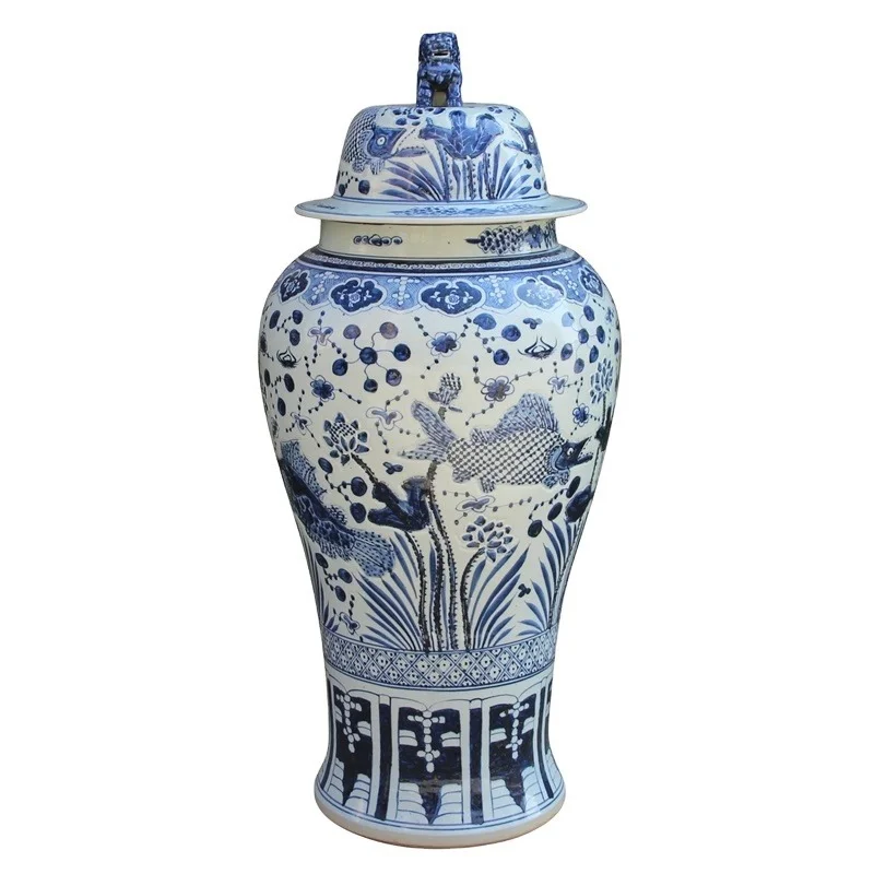

Китайский Синий и белый фарфоровый горшок для хранения большого размера с узором водорослей, керамические банки для имбиря в дужках