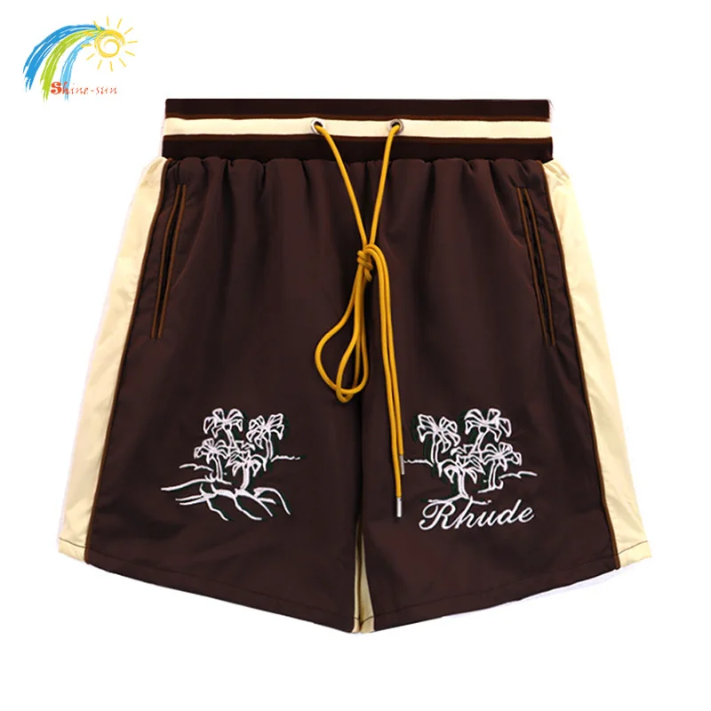 

Men Women Casual Drawstring Coconut Embroidery RHUDE Shorts Top Quality Inside Mesh Striped RHUDE Breeches Brown Apricot