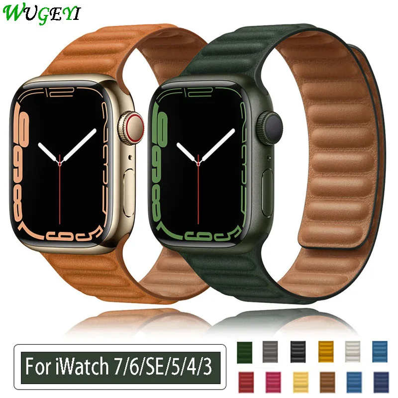 

Ремешок кожаный магнитный для Apple Watch 7 6 SE 5 4 3 2, браслет для iWatch Series 44 мм 40 мм 41 мм 45 мм 42 мм 38 мм