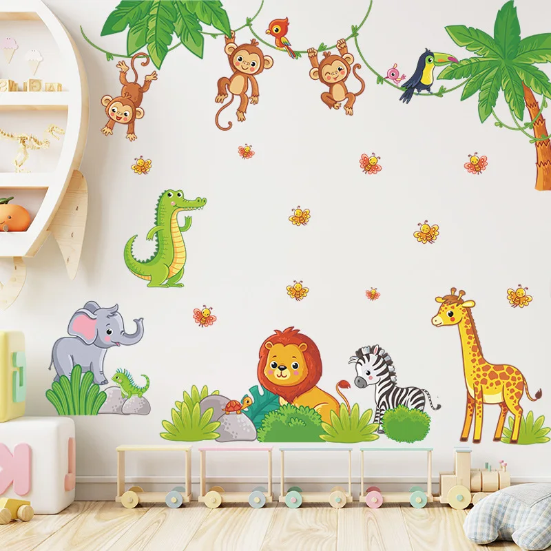 

Giraffe Lion Monkey Palm Tree Forest Animals Wall Stickers for Kids Room Children Bedroom Wall Decals Nursery Decor Poster Mural