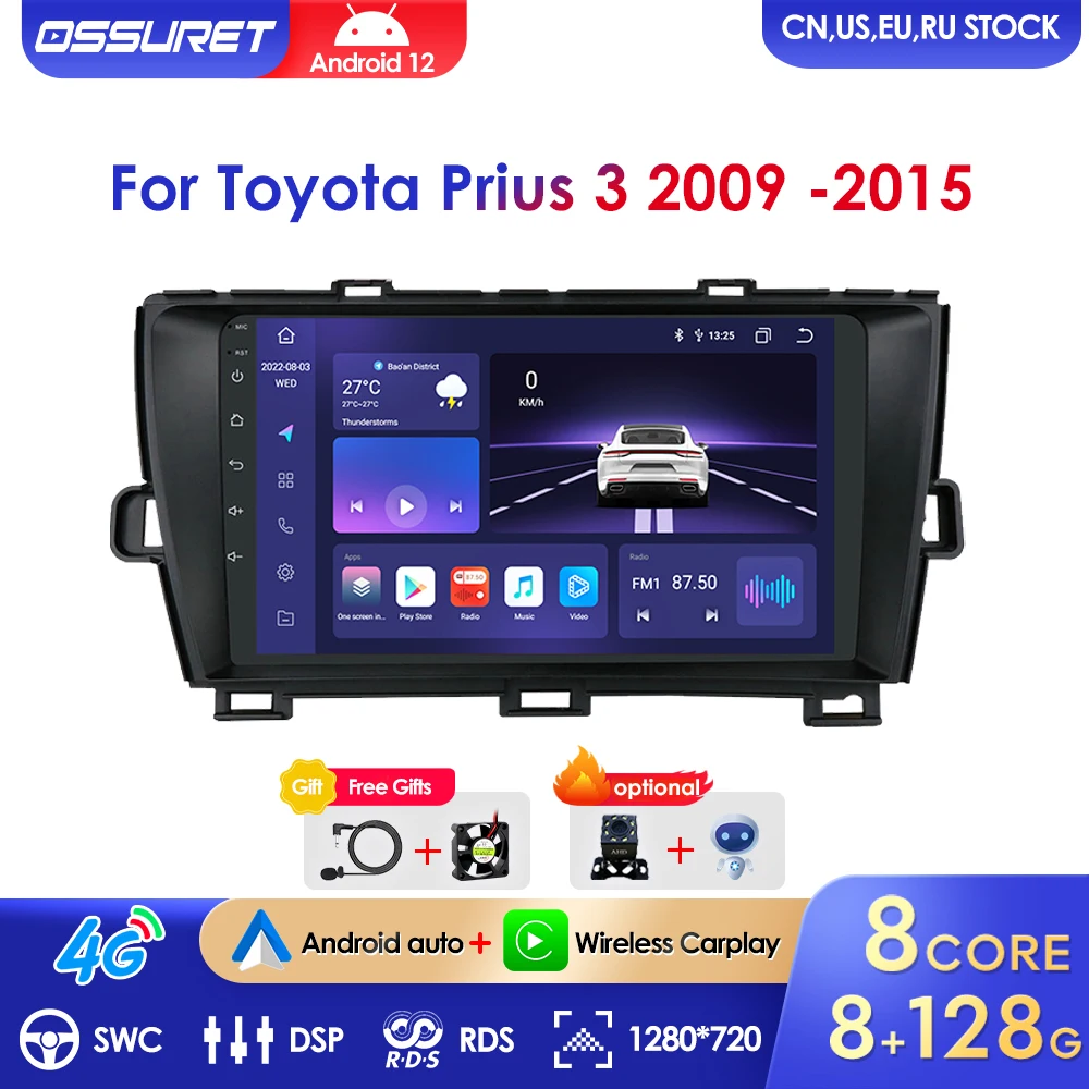 Octa Core AI Voice Android 12 Car Radio for Toyota Prius 3 2009-2015 Multimedia Video Player GPS Navigation Stereo Carplay RDS
