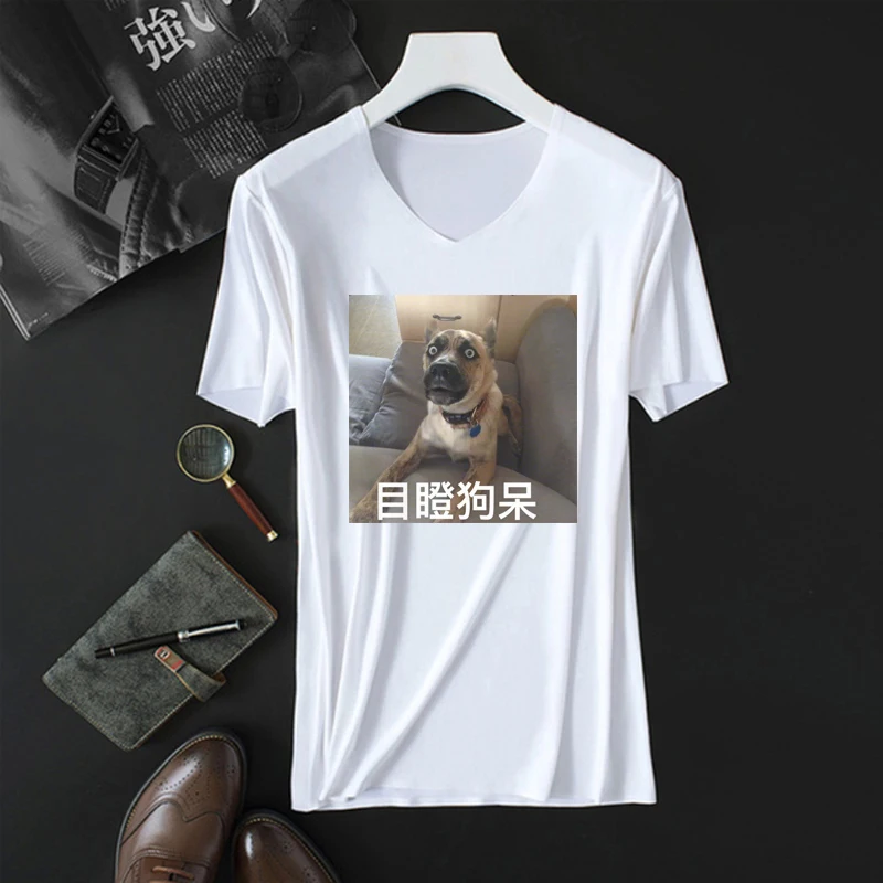 

Convention stunned dog Print T-shirt Men Tee Tops Ice Short Sleeve V Collared Tshirt Male Ice silk T Shirt Hipster Men Clothes