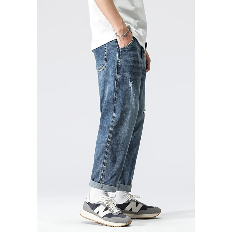 Streetwear Men New Pattern Vintage Recreational Blue Pants American Straight Cylinder Comfortable Loose Jeans 2022 Autumn Female