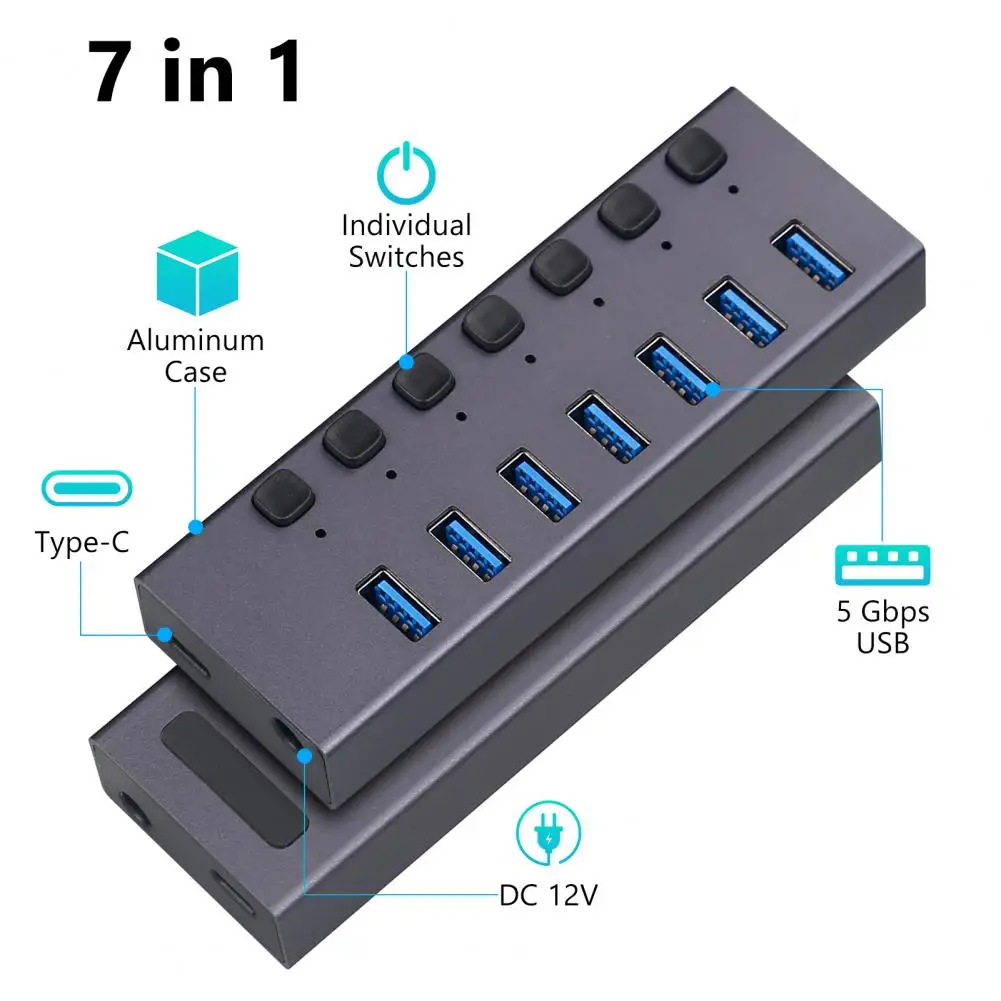 

Card Readers Usb 3.0 Hub Efficient 7-port Usb 3.0 Hub with Switches Led Indicators for High-speed Data Transmission Charging