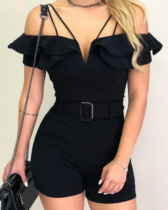

Women's jumpsuit 2023 Summer Sexy New Layered Ruffle Edge Casual Cold Shoulder Solid Short Sleeve Belt Street Style Jumpsuit