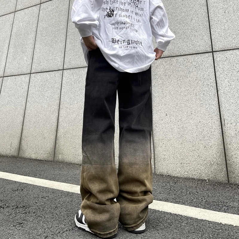 Streetwear Men 2022 New Pattern Recreational Gradient Tie-dyed Pants Straight Cylinder Comfortable Loose Jeans Autumn Female
