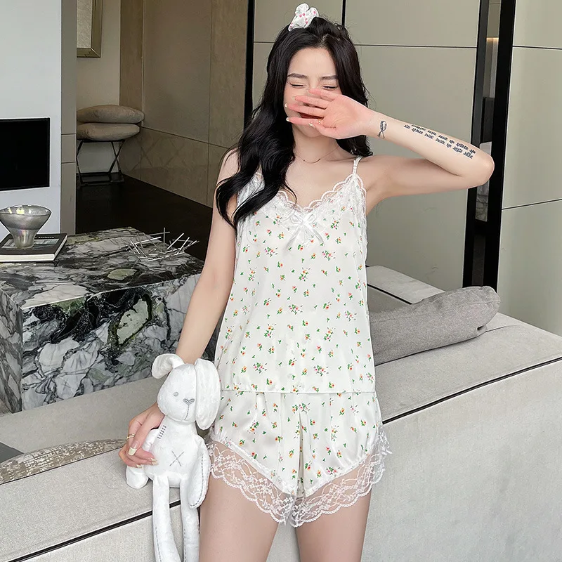 New soft printed ice and snow silk suspenders pajamas set home pajamas two-piece set home clothes sleepwear