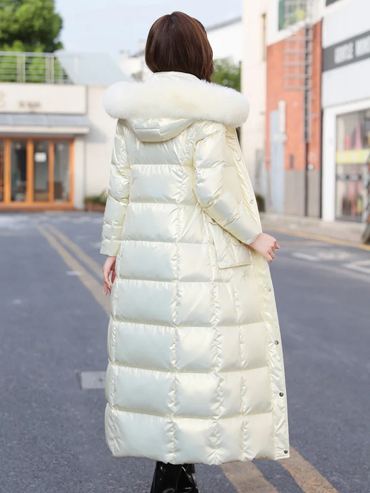 New Women Wash Free Glossy Surface Down Coat Ankle-Length Fashion Detachable Real Fox Fur Collar Thicken Warm Long Down Jacket