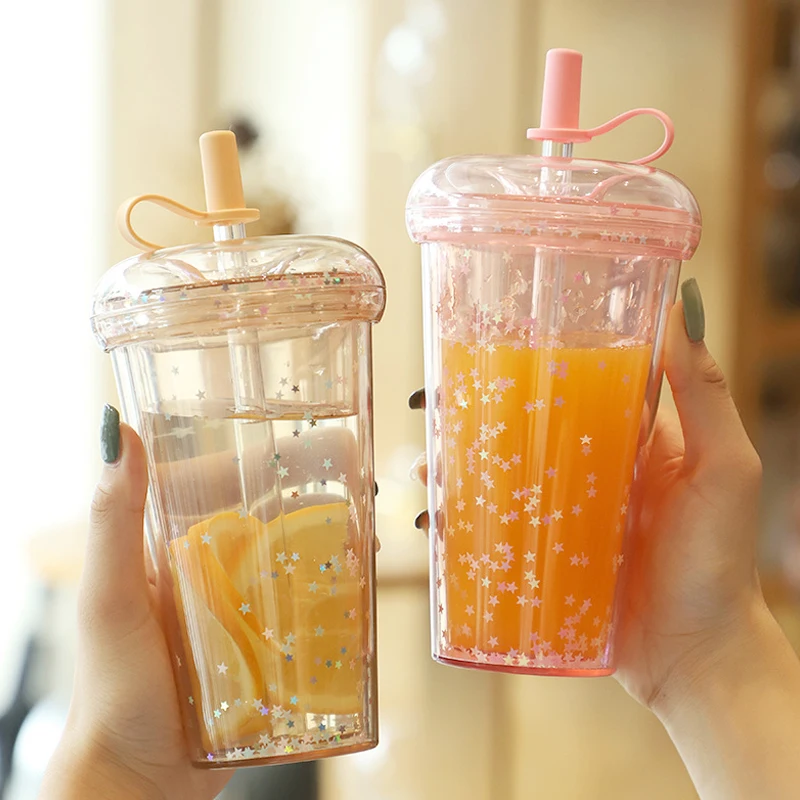 

520ML Glitter Water Bottle Double Layer Tumbler with Straw Portable Water Bottles for Girls Bubble Tea Cup Drinkware Leak Proof