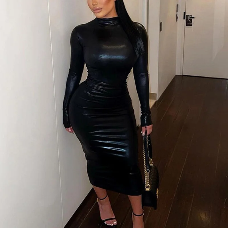 

Casual slim fashion sexy elegant 2023 new dress,Autumn and Winter Women's Imitation PU Leather Skirt Black Slim Fit Skirt Round