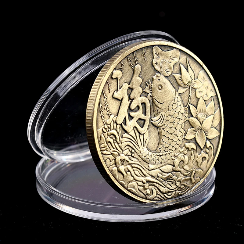 

Chinese of Luck Mascot Blessed Fish Embossed Bronze Badge Lucky Coin Metal Craft Souvenirs home Decoration Gift To Friend