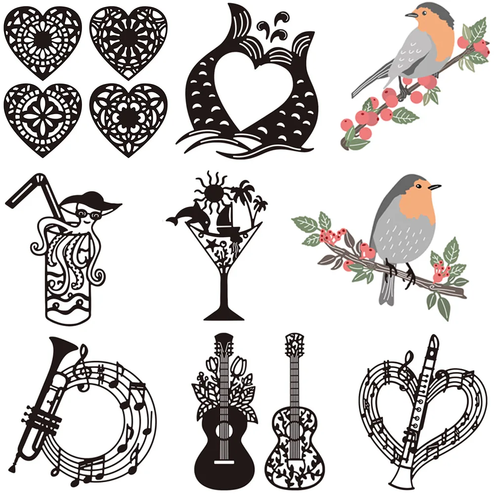

Musical Instrument Guitars Cutting Dies Drinks Cups Heart Mermaid Birds Die Cut For DIY Scrapbooking Card Making Craft Mould New