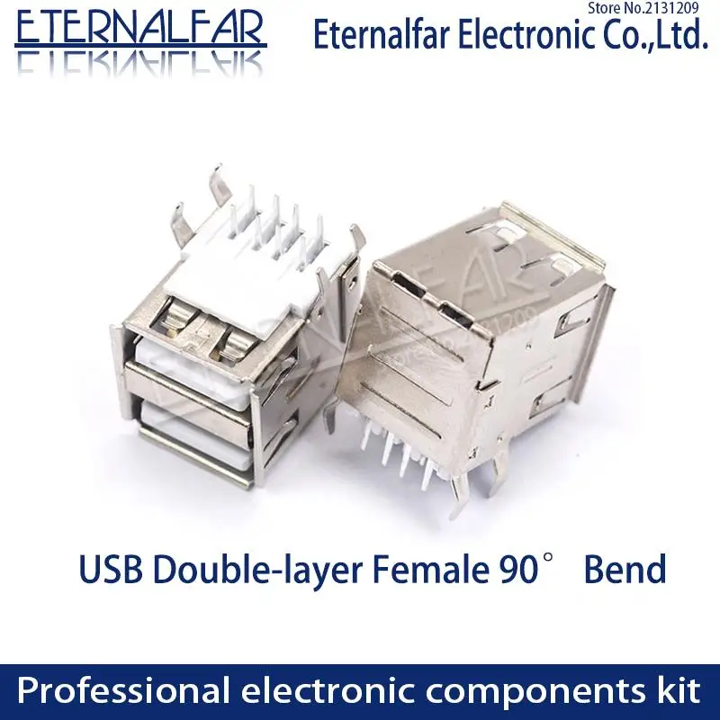USB 2.0 Type A Double layer Female 90 Degree 8PIN Bent foot Crimping DIP Bend Needle Welding Wire Interface Connector Socket DIY