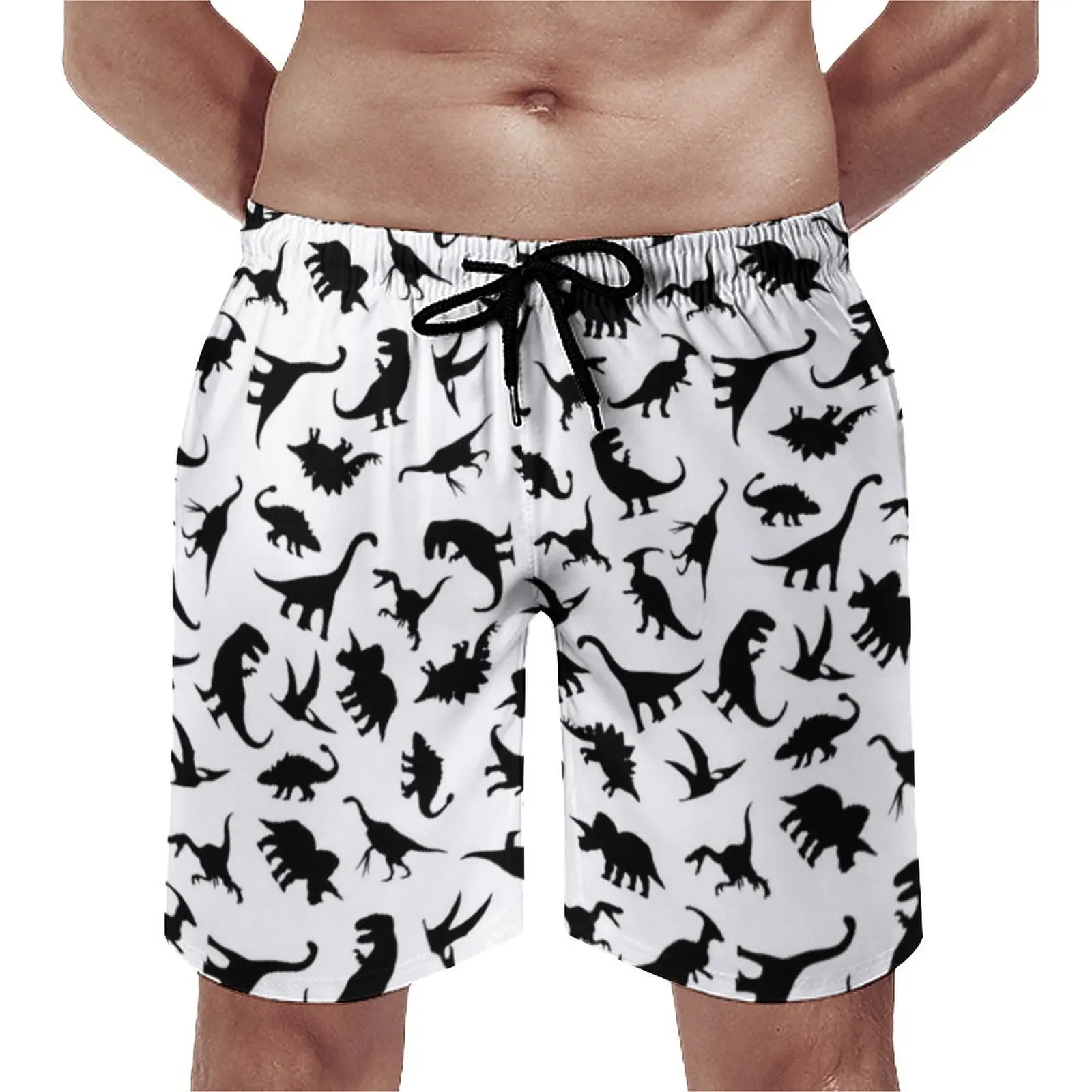 

Cute Dinosaurs Pattern Board Shorts Hot Black Dinos On White Raptor Print Beach Short Pants Men's Elastic Waist Swimming Trunks