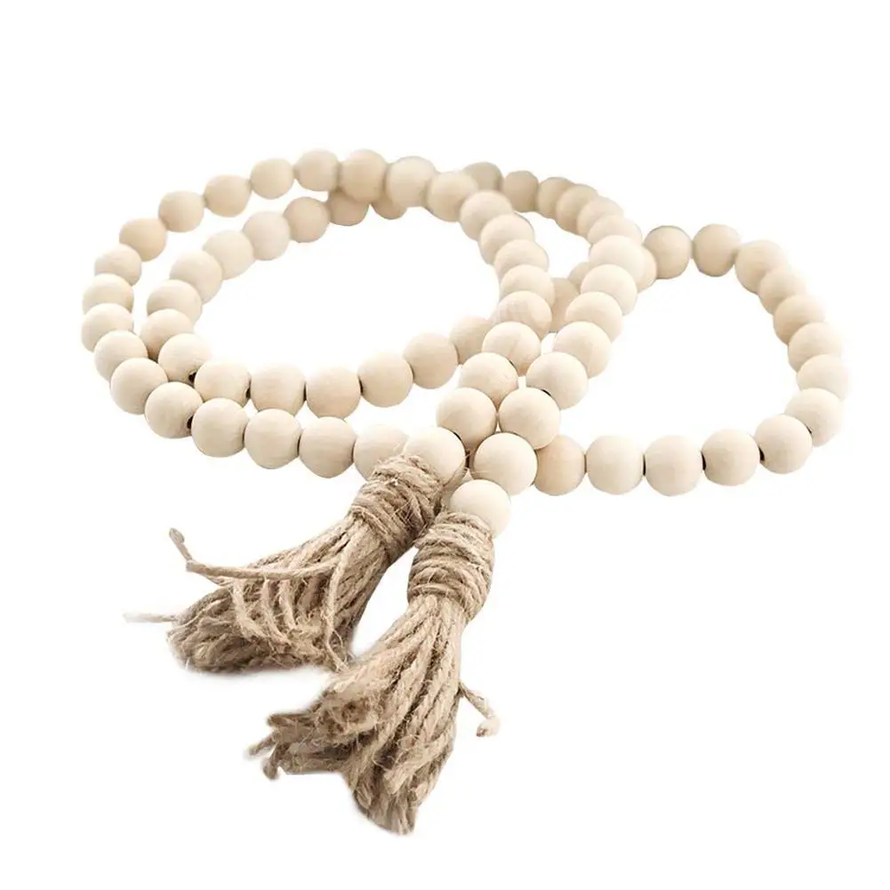 

Farmhouse Beads 58in Wood Bead Garland with Tassels Rustic Country Decor Prayer Boho Beads Big Wall Hanging Decor Handicrafts
