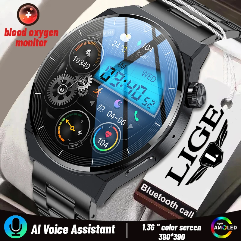 

2023 LIGE NFC Smart Watch Men AMOLED 390*390 HD Screen Heart Rate Bluetooth Call Man Watches IP68 Waterproof SmartWatch For Men