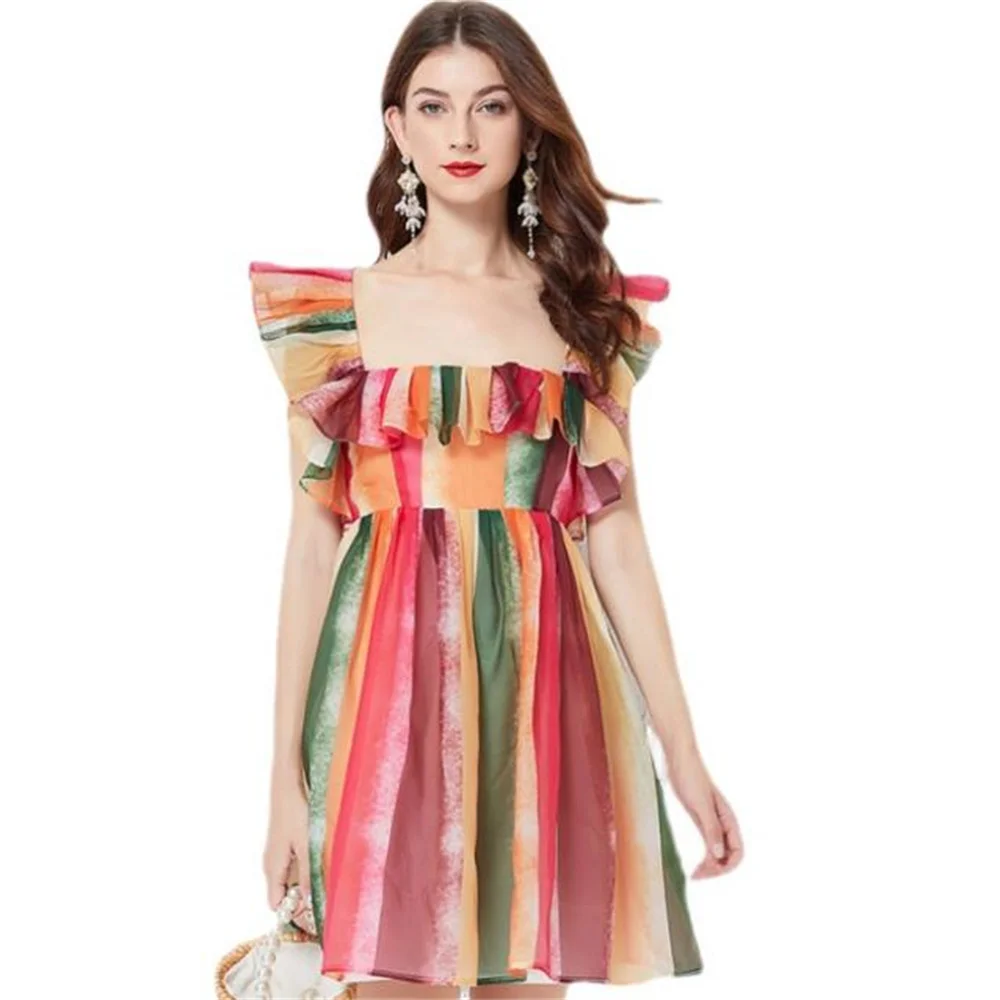 

Sea holiday short dress summer new fashion striped square collar ruffle dress women vestidos de mujer elegantes para fiesta