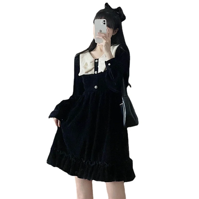 

French Retro A-line Skirt Female V-neck College Style Long Temperament Dress Tide