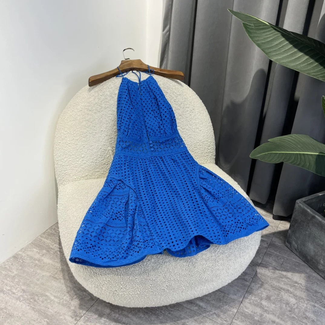 

2023 New Arrival Temperament Summer Fashion Blue Sleeveless Chiffon Hollow Slim A-line Cotton Mini Dress Clothing