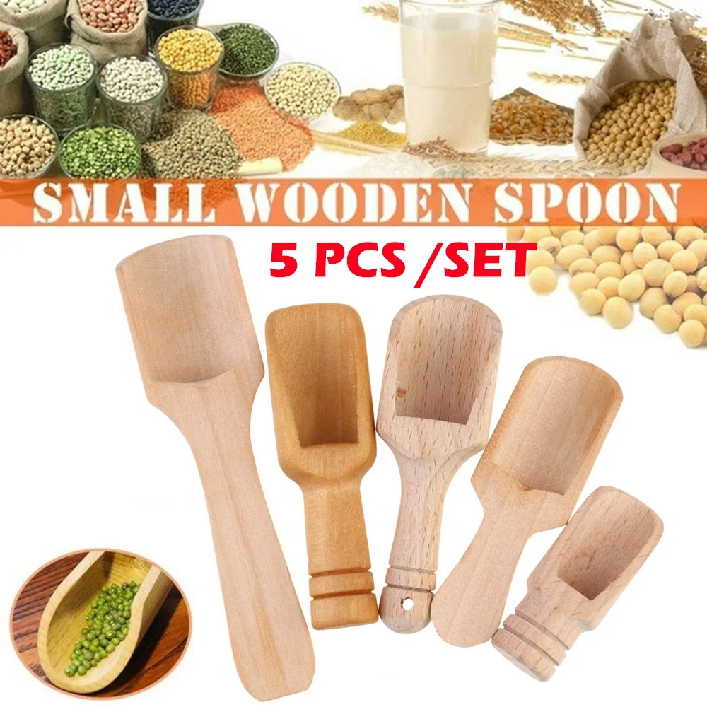 

5 pcs Set Household Wooden Handle Small Salt Shovel Scoop Teaspoon Ground Milk Powder Coffee Scoops Condiment Spoon