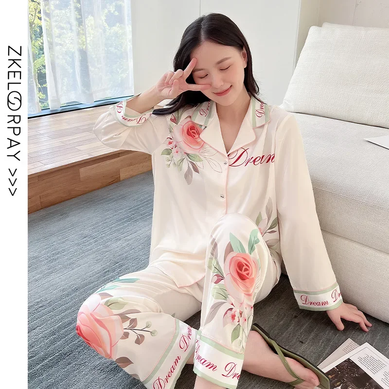 

Ice Silk Pajamas Women's High-end Thin Section Can Be Worn Outside Silk Long-sleeved Large Size Home Clothes Spring and Autumn
