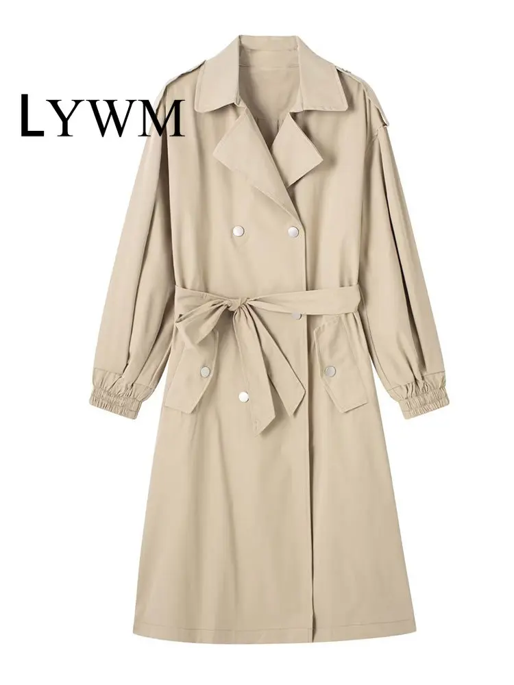

LYWM Women Fashion With Belt Khaki Back Slit Trench Coat Vintage Notched Neck Long Sleeves Double Breasted Female Outfits