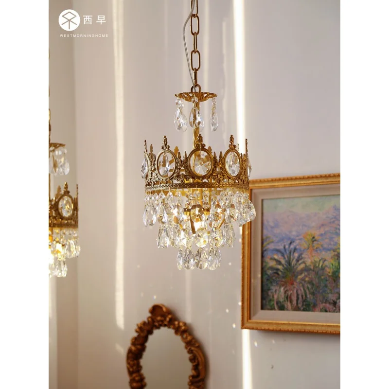 

Retro French Brass Crystal Chandelier Copper Crown Bedroom Bedside Hallway Living Room Cloakroom Chandelier