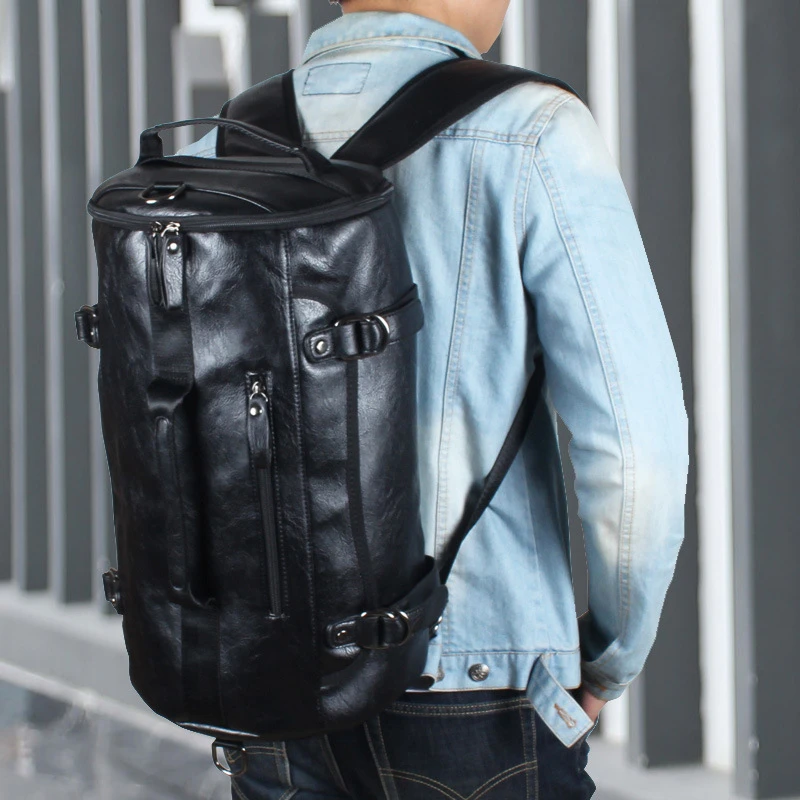 Fashion Men Multifunction Travel Backpack Black PU Leather Casual Large Capacity Laptop Shoulder Handbags Male Hike Bucket Bags