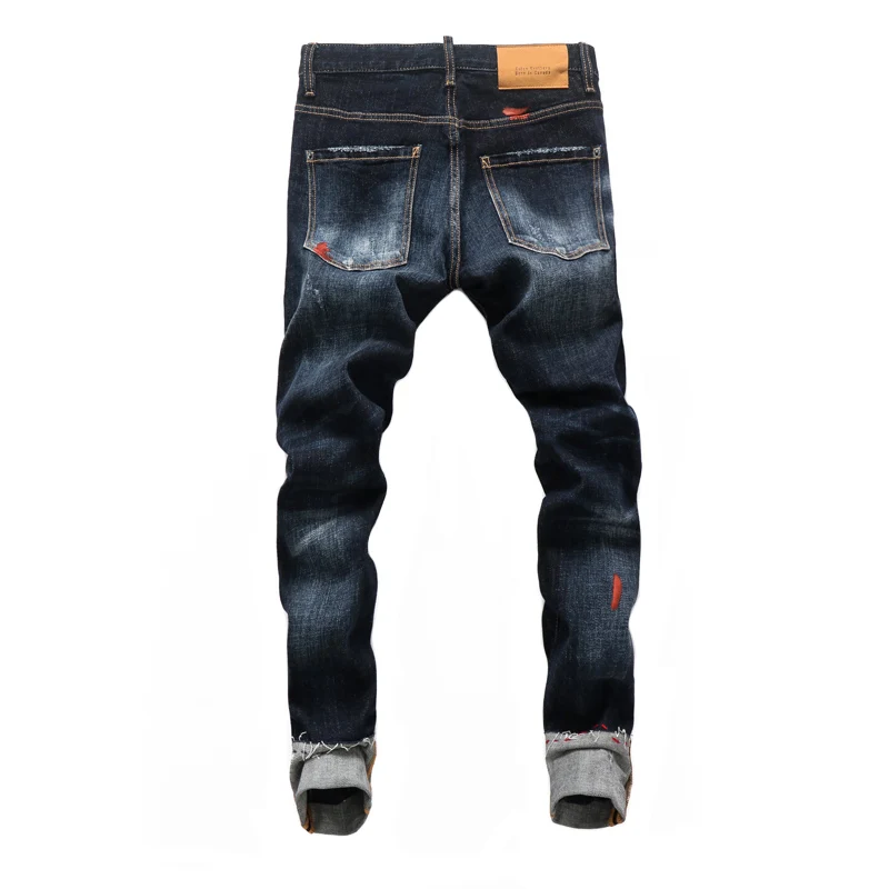 High Street Fashion Men Jeans Retro Black Blue Elastic Slim Ripped Jeans Men Embroidery Designer Painted Hip Hop Pants Hombre