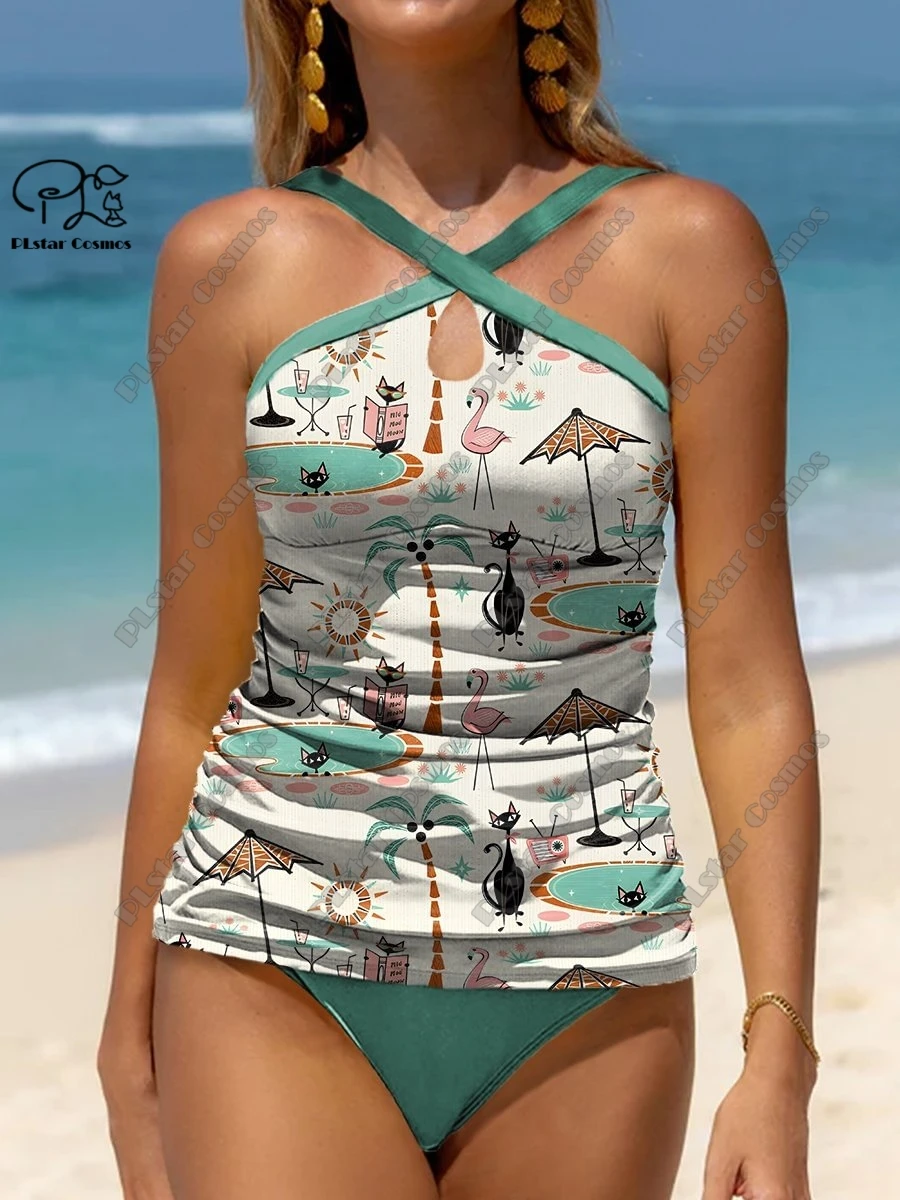 Женский летний небольшой купальник с цветочным 3D принтом перекрестными лямками