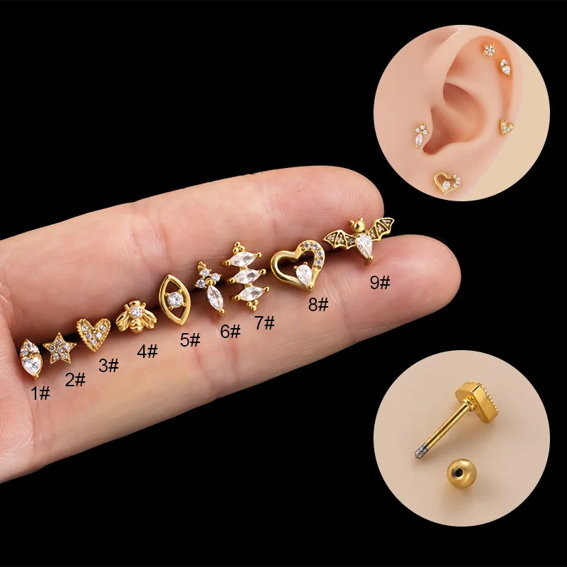 

20G Piercing Goth Conch Cartilage Studs Earring 316L Surgical Steel Zircon Helix Tragus Ear Stud Lobe Punk Piercing Body Jewelry