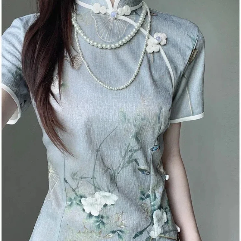 Женское платье-Ципао с коротким рукавом и воротником-стойкой в китайском стиле