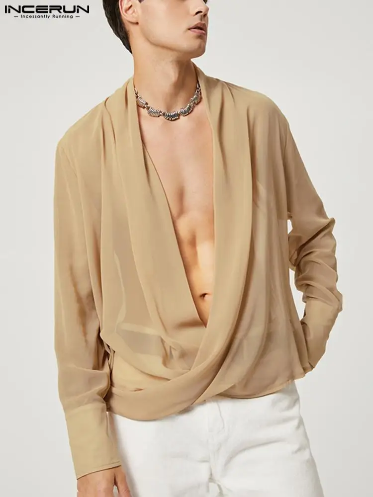 

Fashion Men Shirt Solid Color Mesh Transparent Deep V Neck Long Sleeve Camisas Loose Streetwear 2022 Men Shirts S-5XL INCERUN